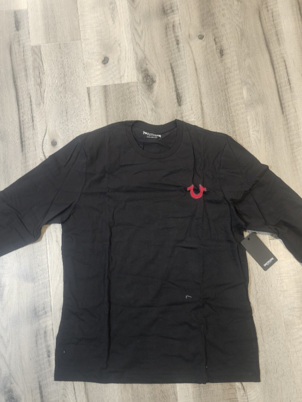 True Religion Men's Black Long Sleeve Tee with Red Logo